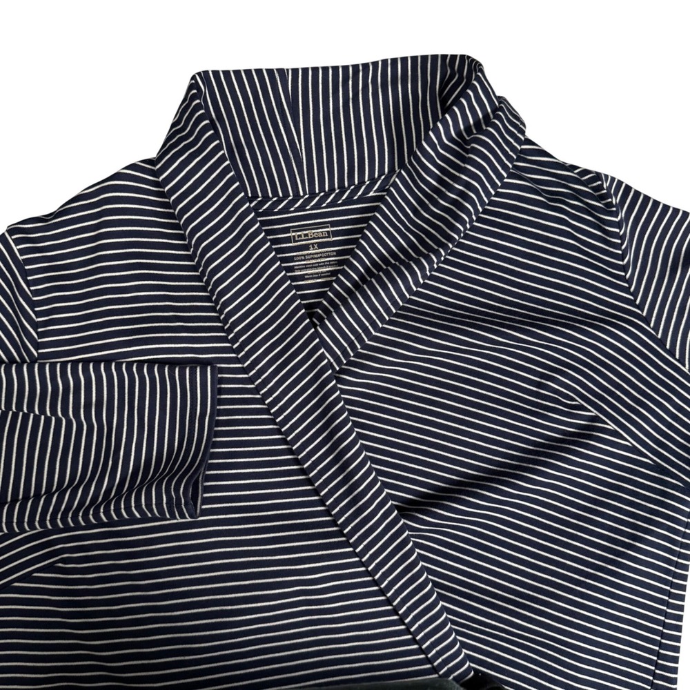 LL Bean Womens 1X Supima Cotton Cardigan Navy‎ Blue White Striped Shawl Collar